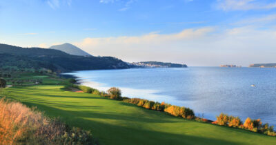 Golf course with Costa Navarino Bay alongside