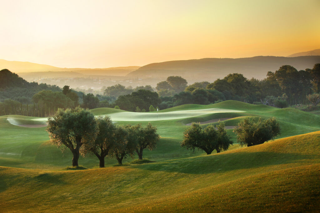 Costa Navarino Dunes Golf course at dawn with drees