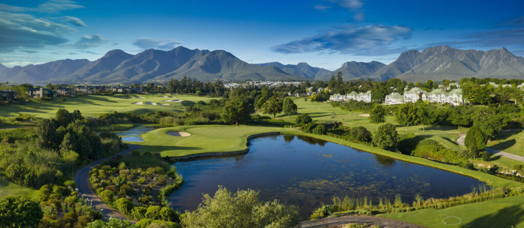 golf hole and lake